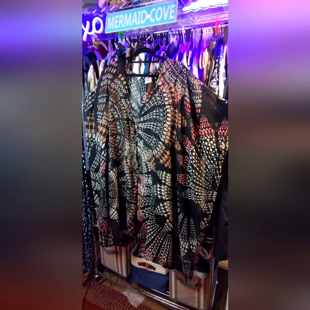 M/L+ 🧜♀ Preloved PATRONS OF PEACE Swim Cover-up, 👘 Kimono 25.5"PTP 39.5"Long